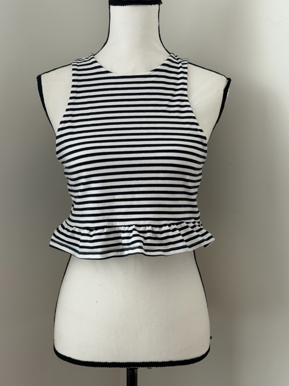 Divided Black & White Striped Ruffle-Hem Crop Tank